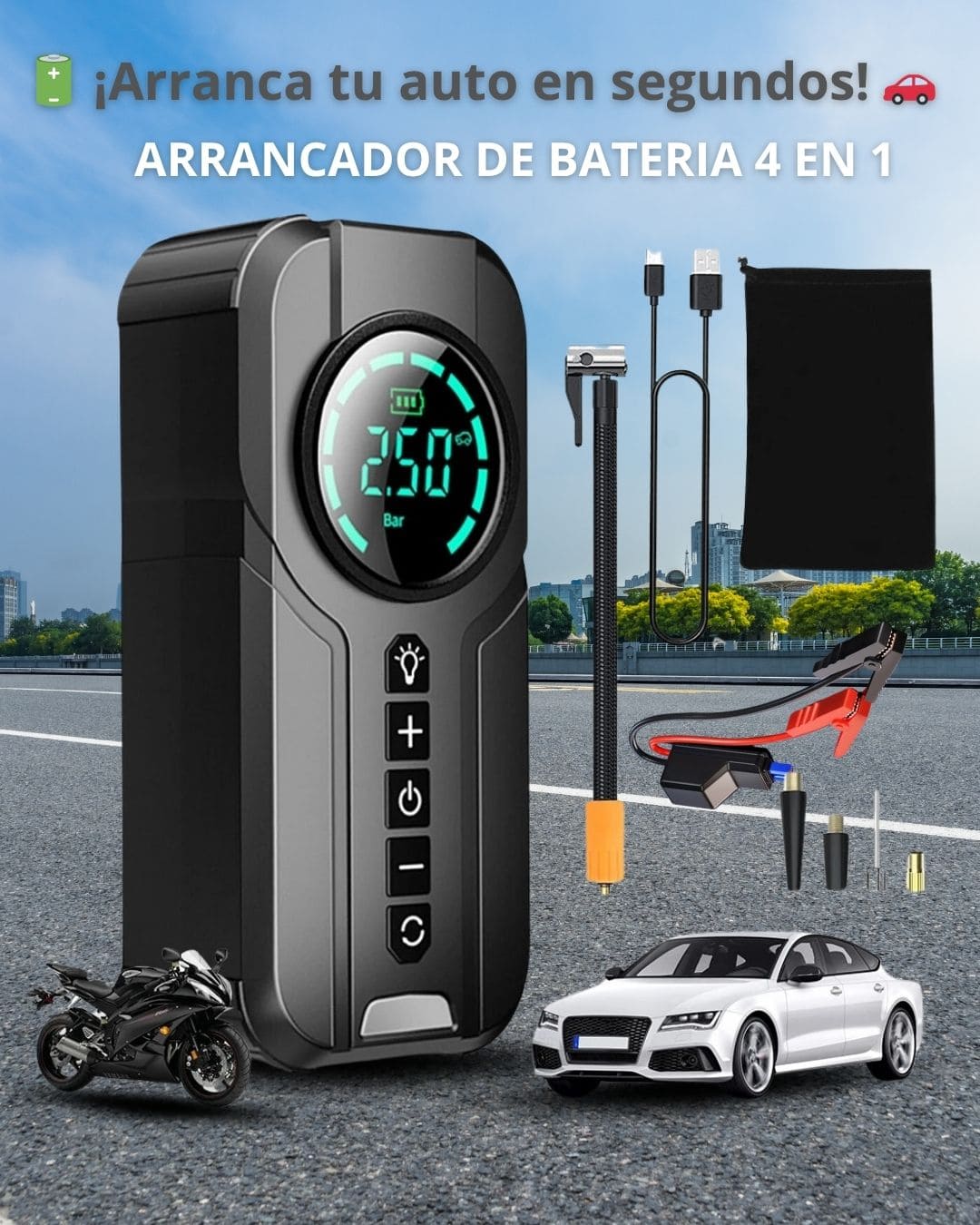 ARRANCADOR DE BATERIA + INFLADOR PREMIUM 4 EN 1